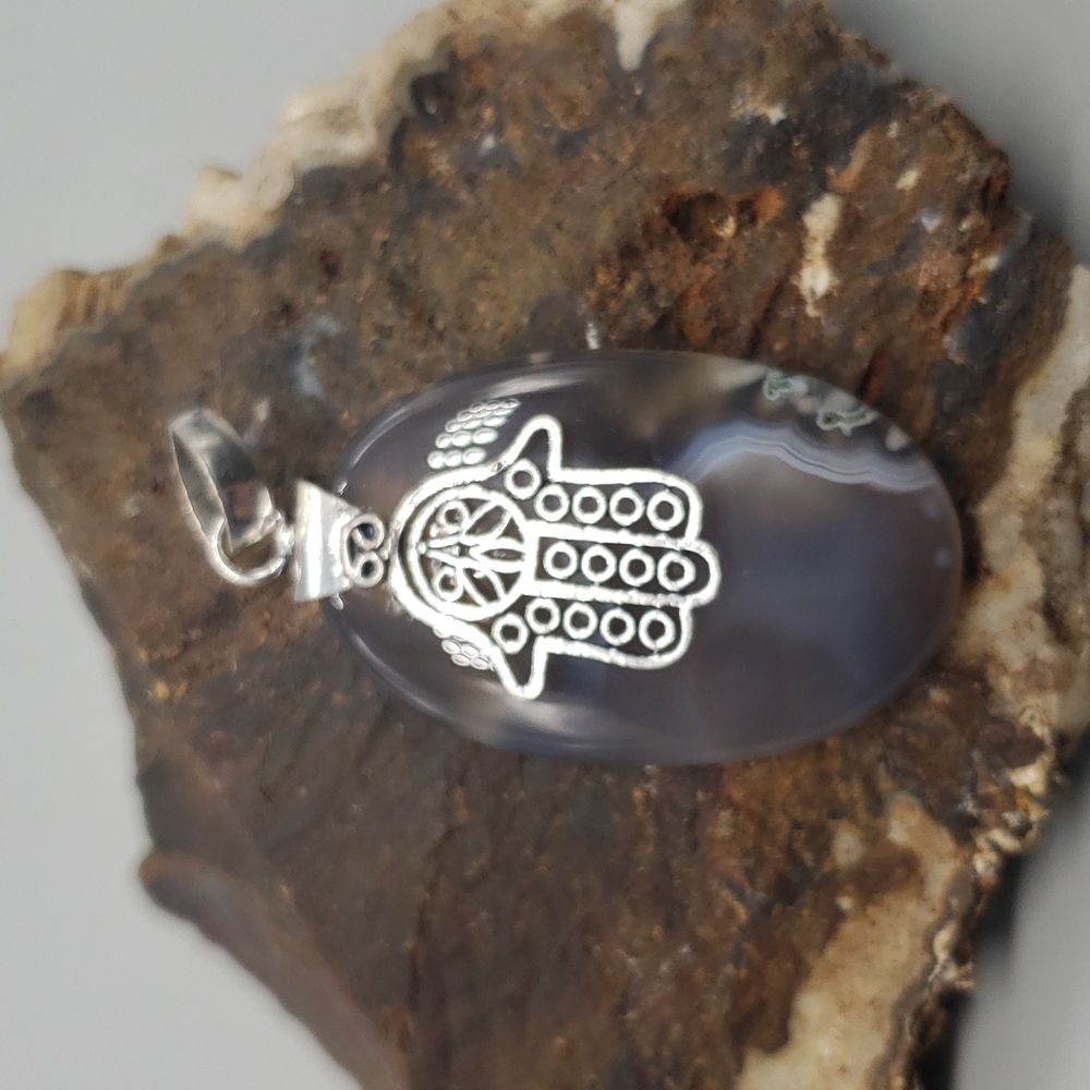 Botswana agate hamsa palmstone pendant